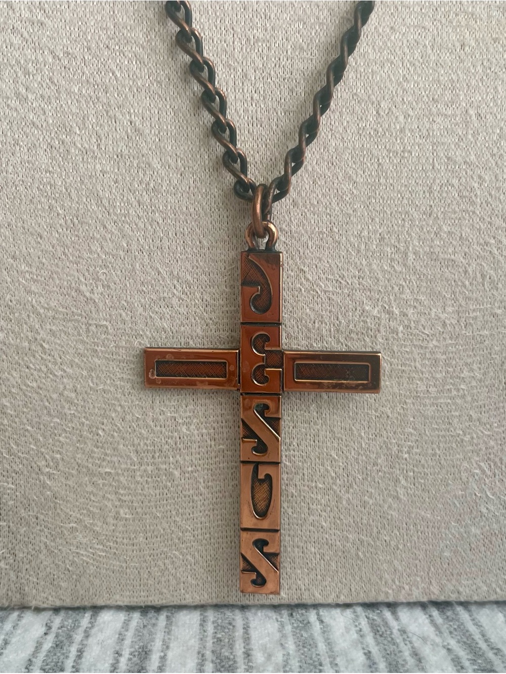 Vintage Solid Copper JESUS Cross Pendant Necklace Mid-Century Religious Rustic